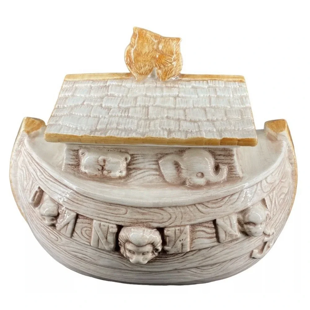 Vtg 70s Treasure Craft Noahs Ark Ceramic Cookie Jar Colorful Animals Boat USA